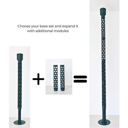 Modular moss pole extended in height by connecting additional honeycomb pole sections.