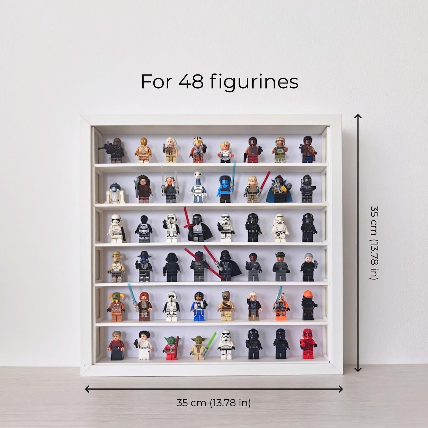 Minifigure display grid inside a 35 × 35 cm (13.78 × 13.78 in) SANNAHED frame, with space for 48 figures.