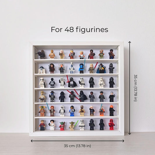 Minifigure display grid inside a 35 × 35 cm (13.78 × 13.78 in) SANNAHED frame, with space for 48 figures.