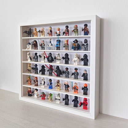 Angled view of the SANNAHED display frame filled with collectible minifigures on six shelves.