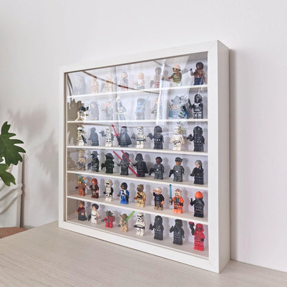 Angled view of the SANNAHED display frame filled with collectible minifigures with front transparent panel.