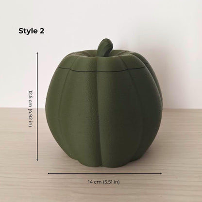 Style 2 dark green pumpkin container with removable stem lid, measuring 14 cm wide and 12.5 cm high