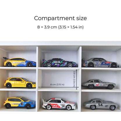 Close-up of diecast cars inside the display grid, showing each compartment measures approximately 8 × 3.9 cm (3.15 × 1.54 in).