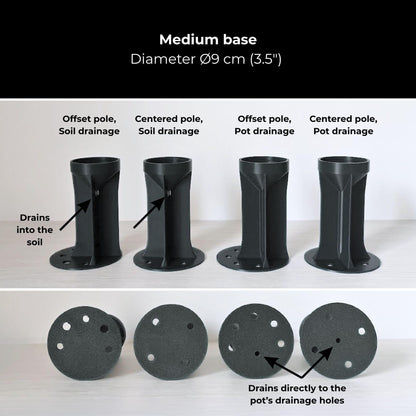 Four large 9 cm base options with offset or centered poles and soil or bottom drainage, shown from the side and underneath.