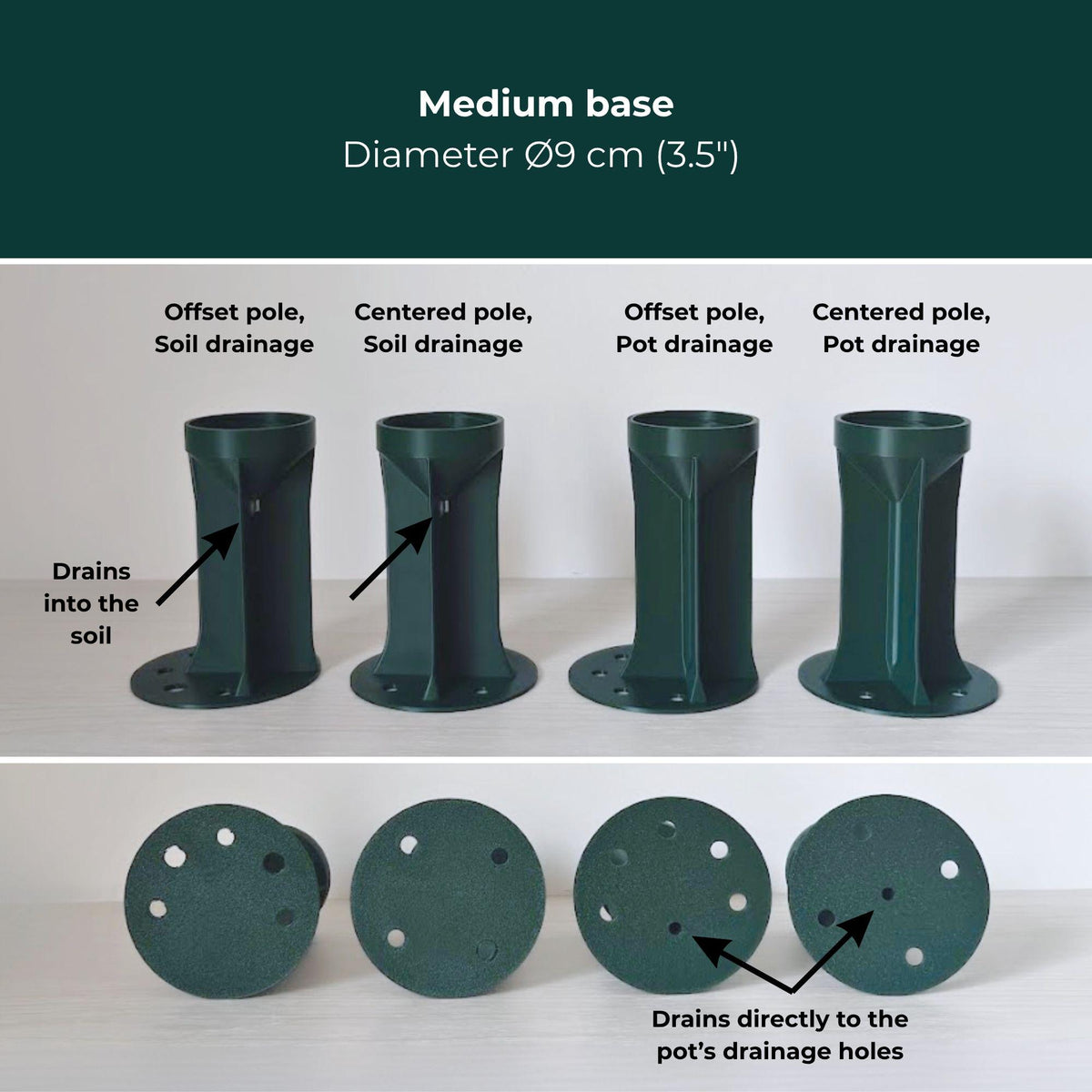Four medium 9 cm base options with offset or centered poles and soil or bottom drainage, shown from the side and underneath.