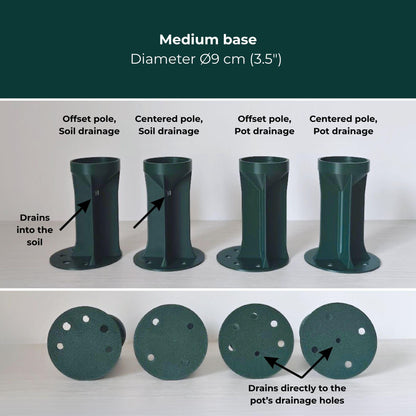 Four medium 9 cm base options with offset or centered poles and soil or bottom drainage, shown from the side and underneath.
