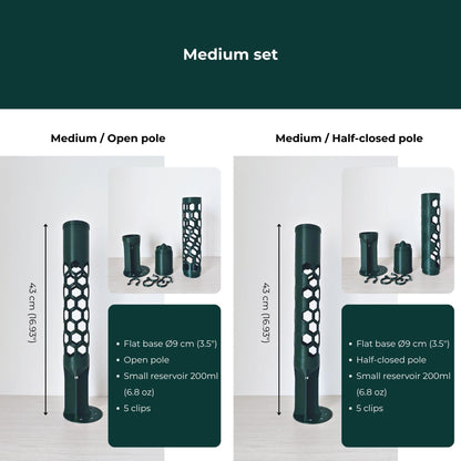 Medium moss pole sets with open or half-closed sections, 9 cm flat base, small watering reservoir and five plant clips.