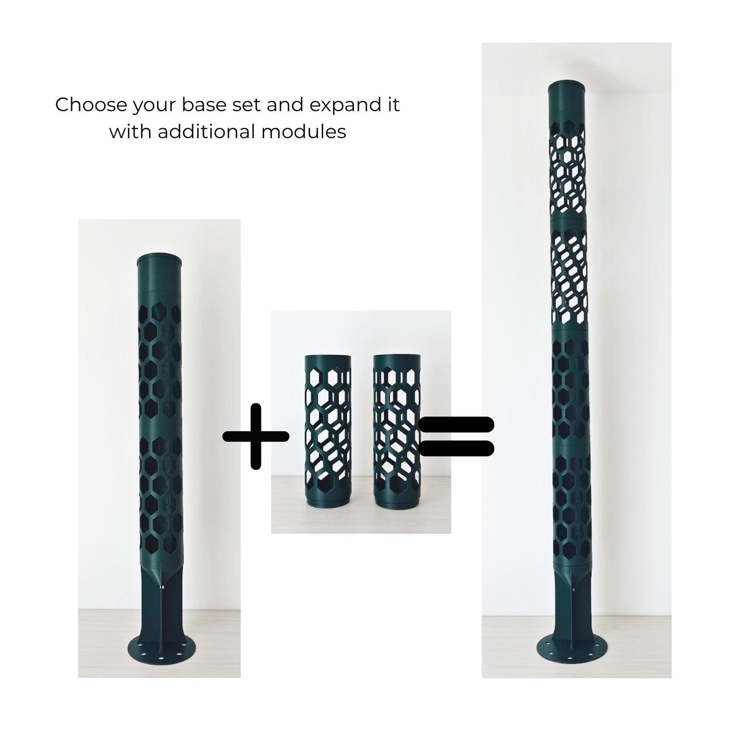 Extendable modular moss pole showing how additional open or half-closed pole segments can be added as a climbing plant grows.