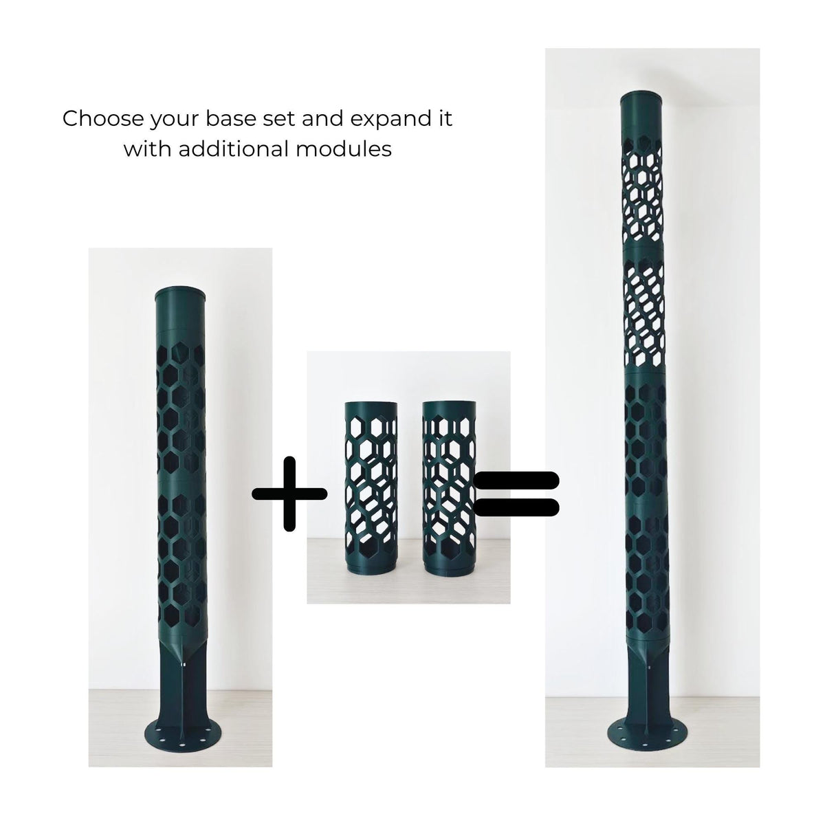 Extendable modular moss pole showing how additional open or half-closed pole segments can be added as a climbing plant grows.