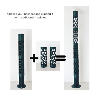 Extendable modular moss pole showing how additional open or half-closed pole segments can be added as a climbing plant grows.