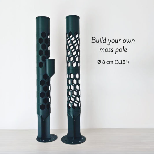 Modular 8 cm moss pole system for climbing plants, shown with open and half-closed honeycomb pole designs, flat base and side watering reservoir.