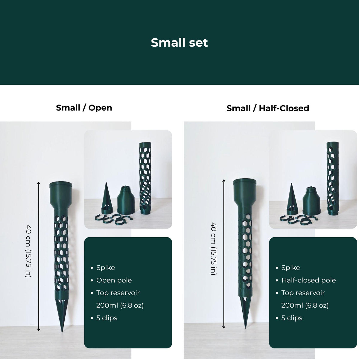 Small moss pole sets with stake base, open or half-closed pole, watering reservoir and clips.