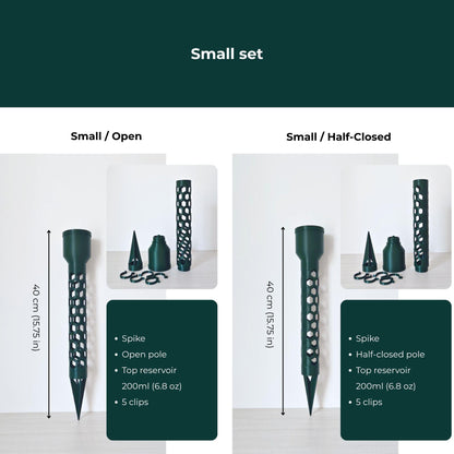 Small moss pole sets with stake base, open or half-closed pole, watering reservoir and clips.