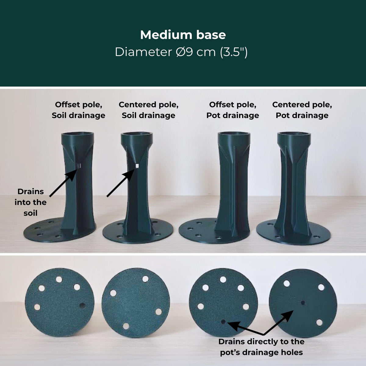 Medium flat base options with centered or offset pole and soil or bottom drainage.
