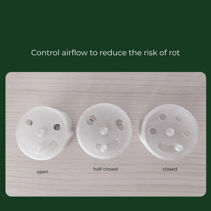 Adjustable ventilation lids shown in open, partially open and closed positions to help control airflow and humidity.