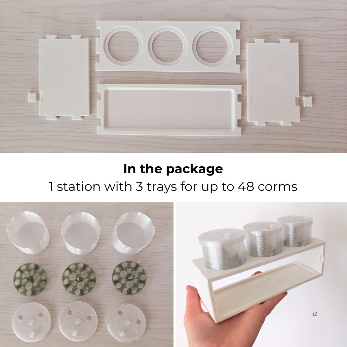 Package contents showing one disassembled station, three trays, three risers and three lids, plus the assembled station.