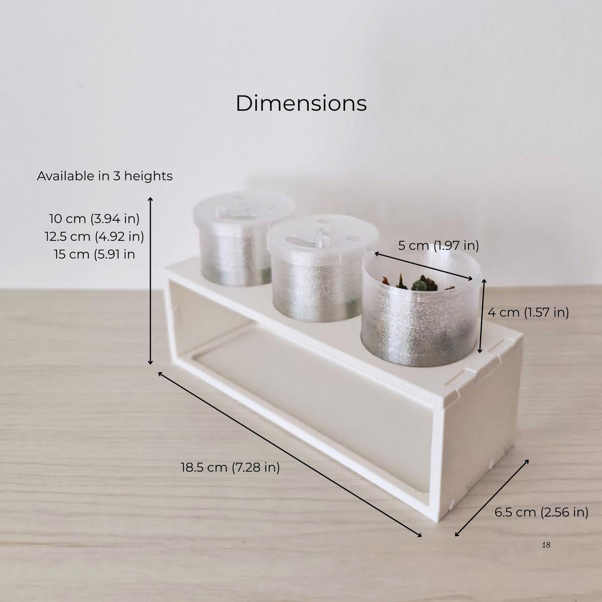 Dimension guide for the corm propagation station, trays and three available stand heights.