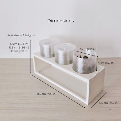 Dimension guide for the corm propagation station, trays and three available stand heights.