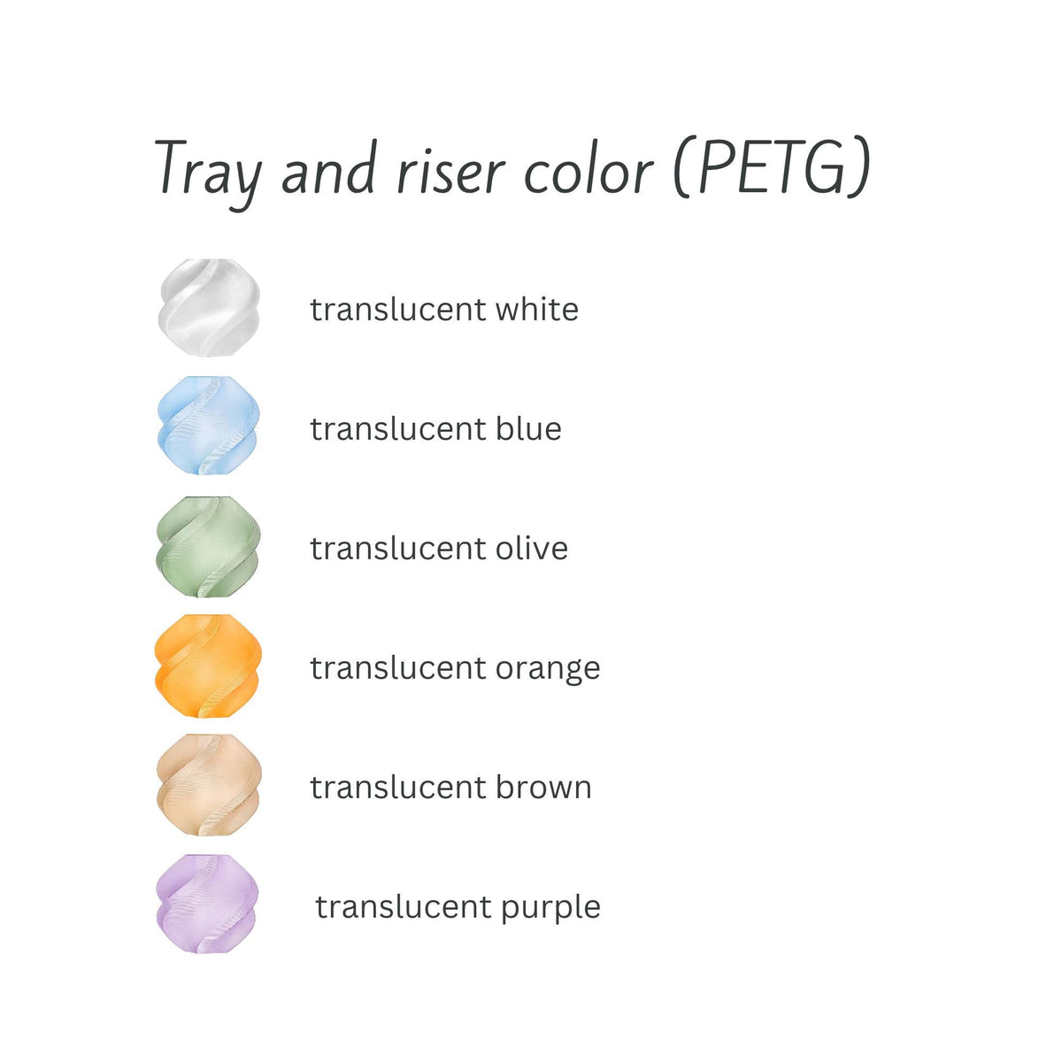 Available colors for trays and risers