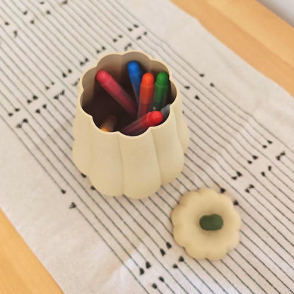 Tall desert tan pumpkin container used as a pencil holder, shown open with its removable pumpkin lid beside it.