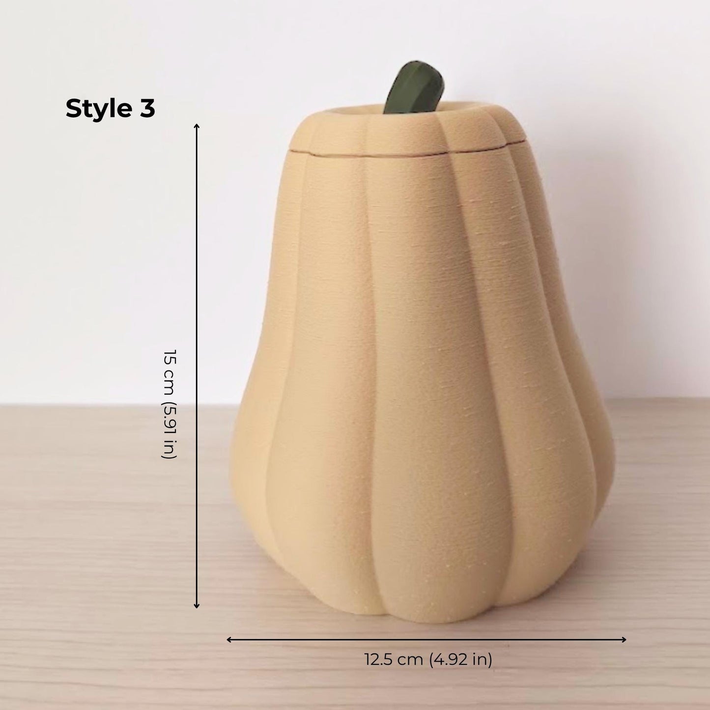 Style 3 tall desert tan pumpkin container with removable stem lid, measuring 12.5 cm wide and 15 cm high.