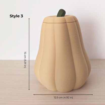 Style 3 tall desert tan pumpkin container with removable stem lid, measuring 12.5 cm wide and 15 cm high.