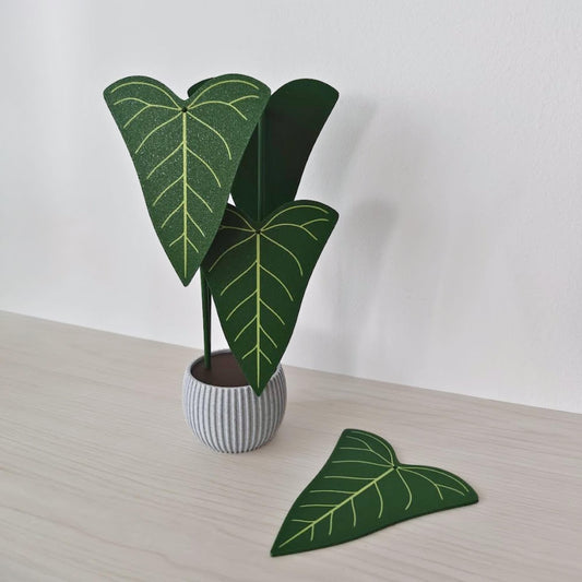 Anthurium Delta Force coaster set displayed as a decorative potted plant with four green leaf coasters and light green veins.