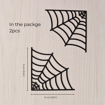 Set of two 3D printed spiderweb corner bookmarks with size reference, approximately 9 × 9 cm each