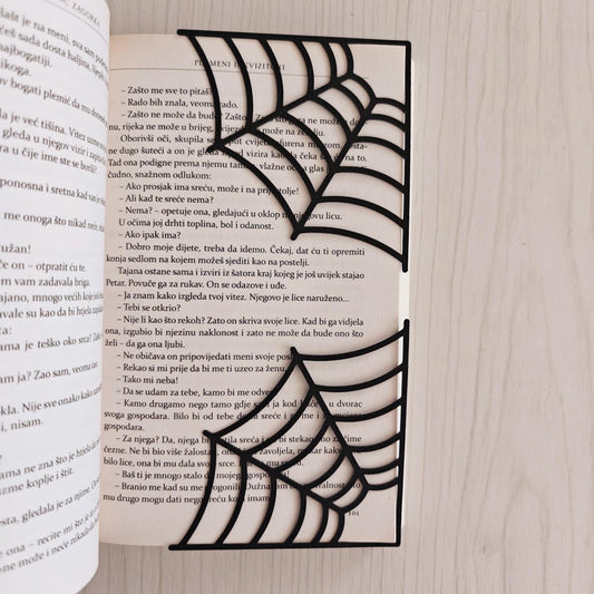 Two spiderweb corner bookmarks placed on the corners of an open book to mark pages