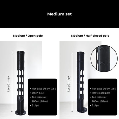 Medium moss pole sets with open or half-closed sections, 9 cm flat base, top watering reservoir and five plant clips.