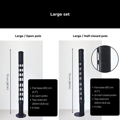 Large moss pole sets with open or half-closed sections, 12 cm flat base, top watering reservoir and five plant clips.