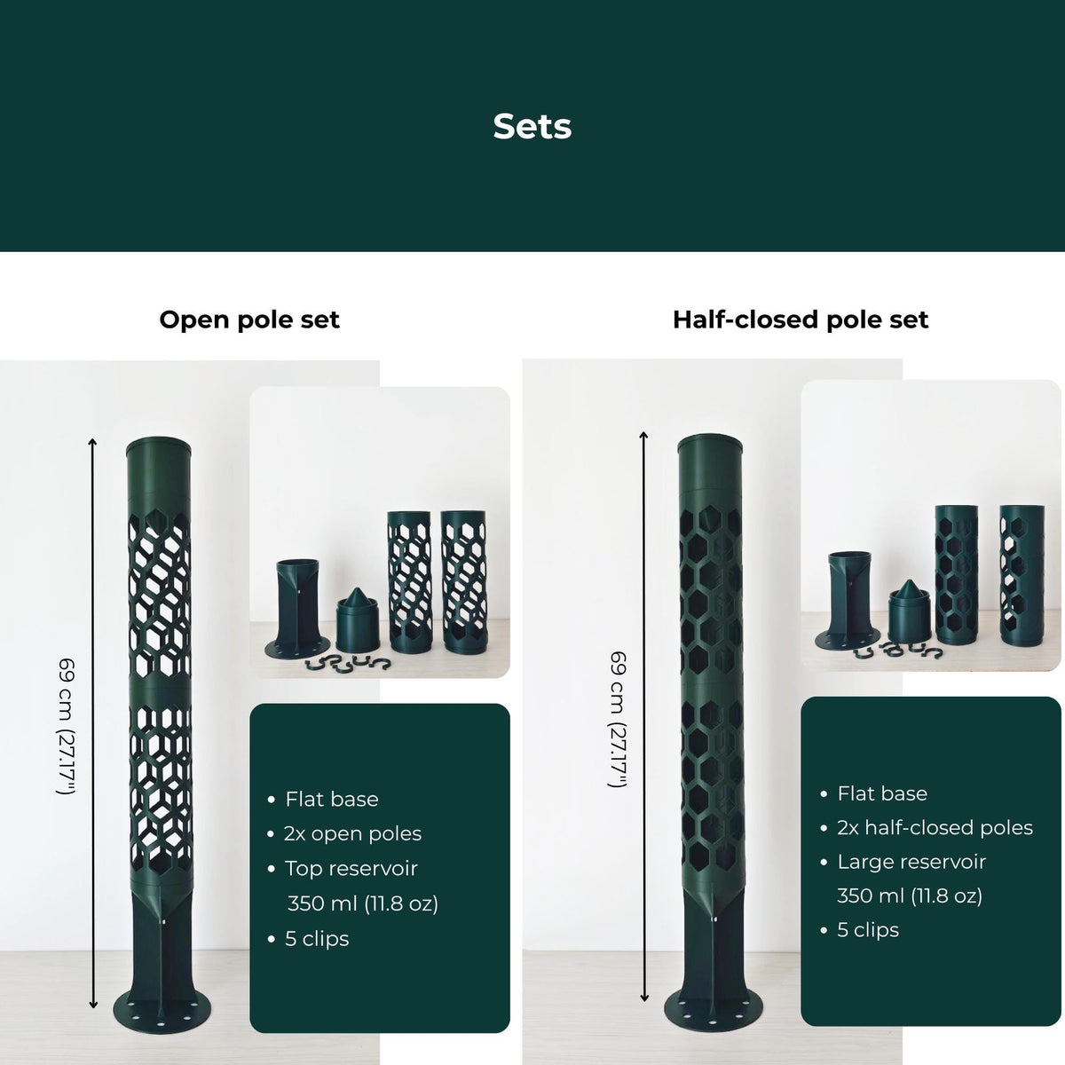 Open and half-closed 8 cm moss pole sets with two pole segments, flat base, 350 ml top watering reservoir and plant clips.
