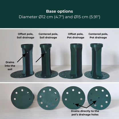 Flat base options for 8 cm moss poles, including 12 cm and 15 cm bases with centered or offset placement and soil or pot drainage.