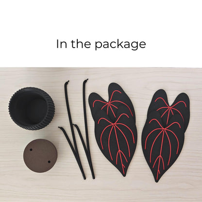 Anthurium Queen of Hearts coaster set package contents including four leaf coasters, stems, pot and removable base.