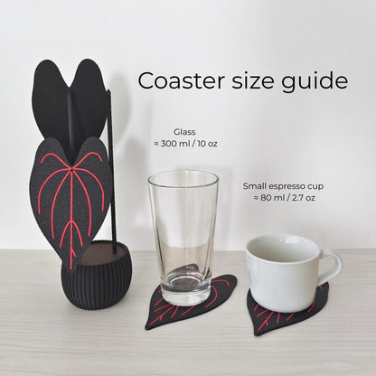 Anthurium Queen of Hearts coaster size guide shown beside a drinking glass and small espresso cup for scale.