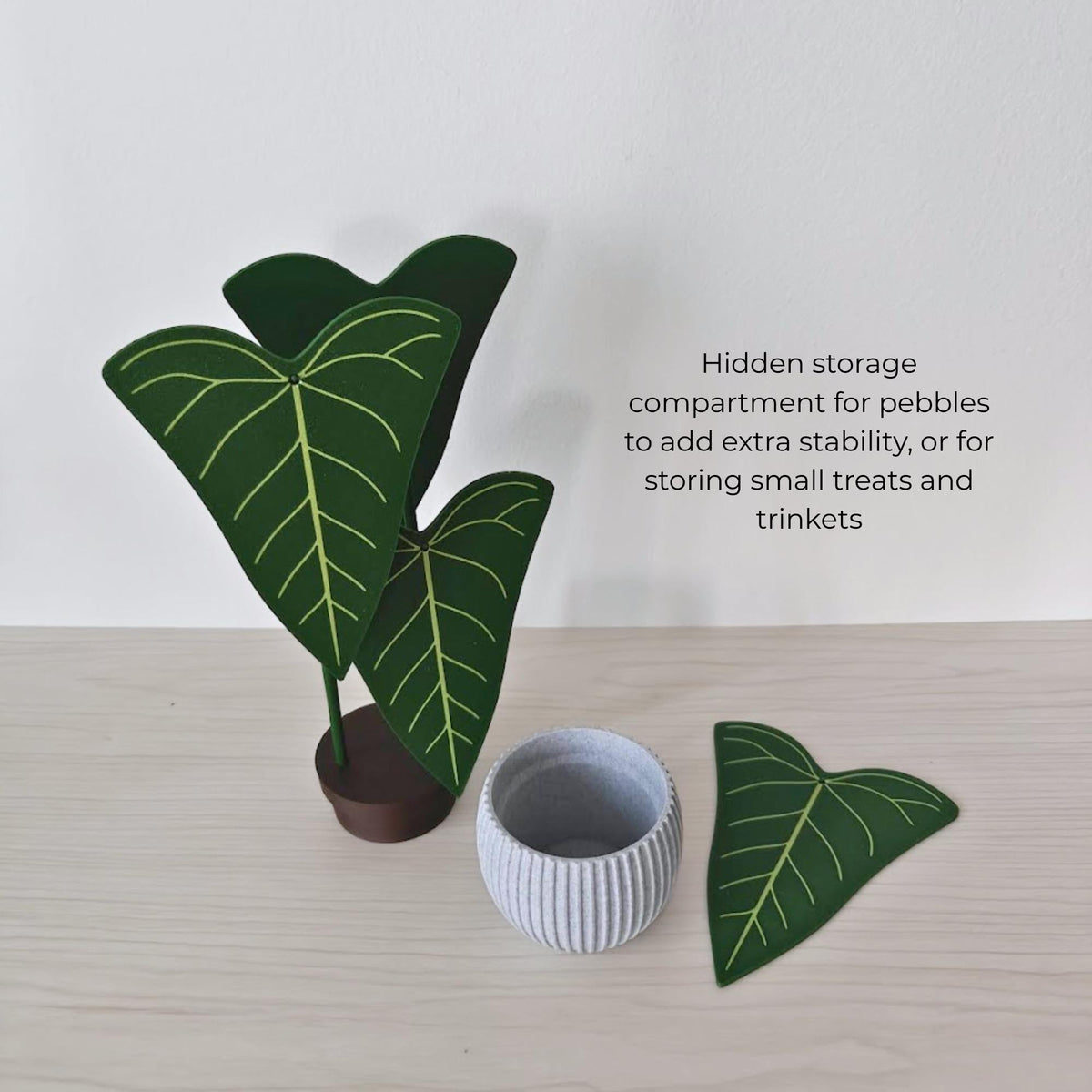 Hidden storage compartment in the Anthurium Delta Force coaster pot for pebbles, small treats or trinkets