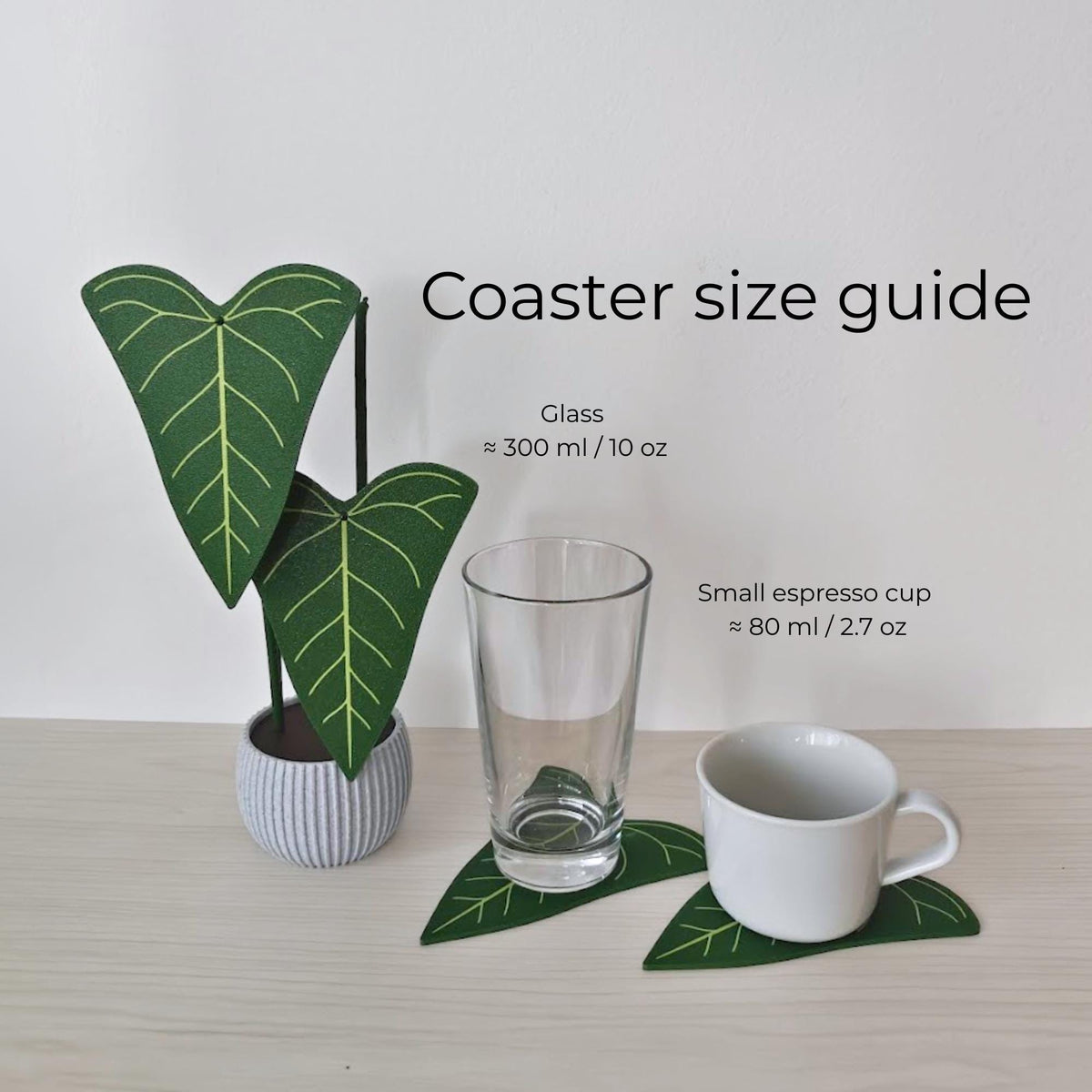 Anthurium Delta Force coaster size guide shown beside a drinking glass and small espresso cup for scale