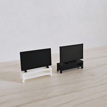 1:64 scale miniature 55-inch TVs with matching TV stand tables