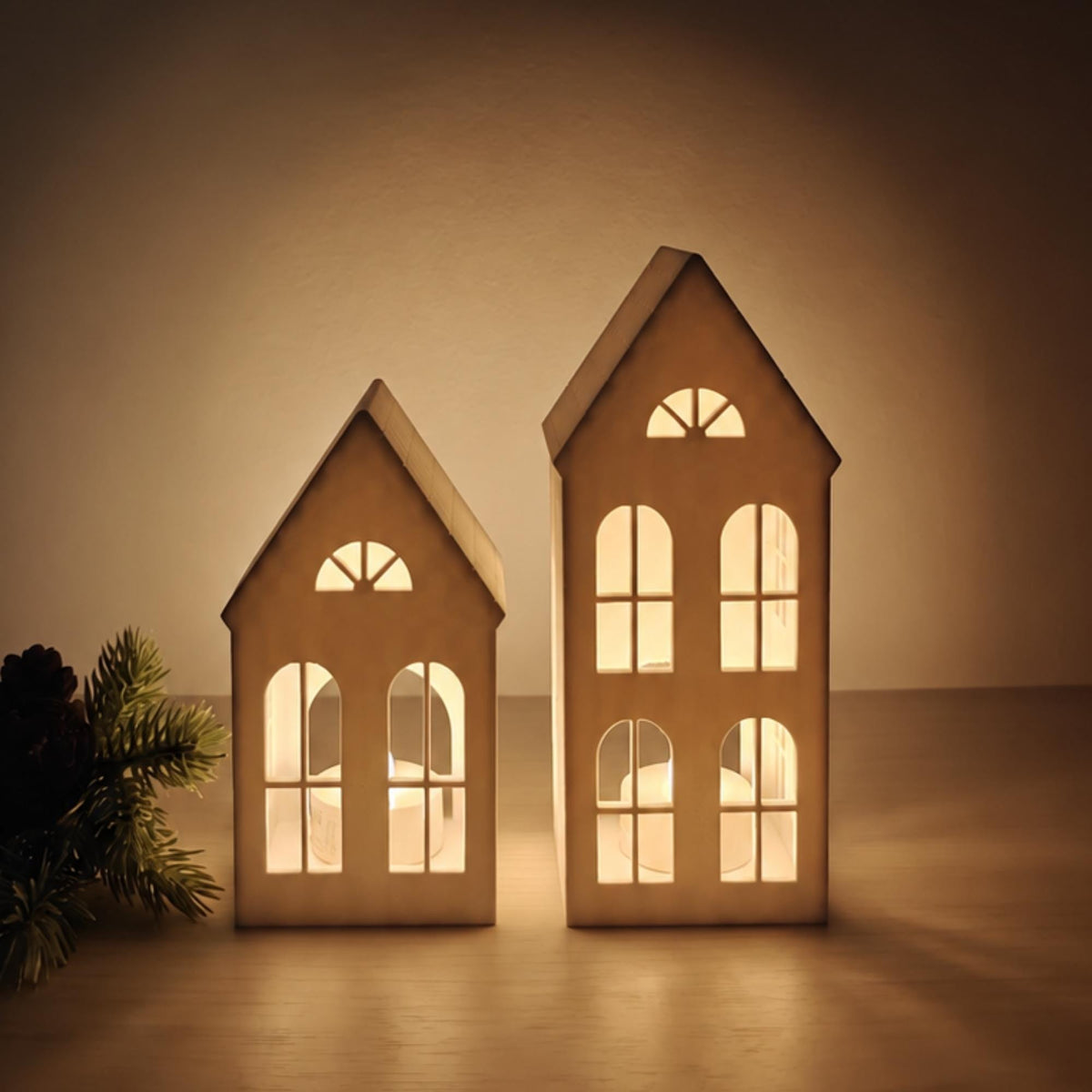 Set of two glowing 3D printed house LED tealight shades in small and tall sizes