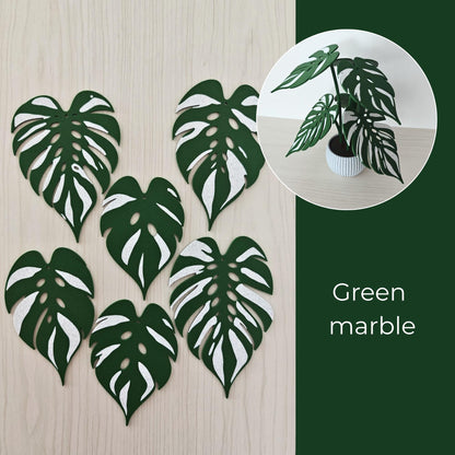 Six Monstera Devil Monster leaf coasters in green marble variegation with assembled plant preview