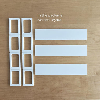 Parts included with the vertical VÄSTANHED insert, including side grid supports and four display shelves.