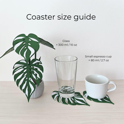 Monstera leaf coaster size guide shown with a 300 ml glass and small espresso cup