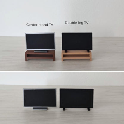 Center-stand and double-leg miniature TV styles shown from the front with matching stands.