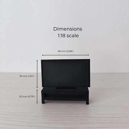 Dimensions of the 1:18 scale miniature TV and matching stand.