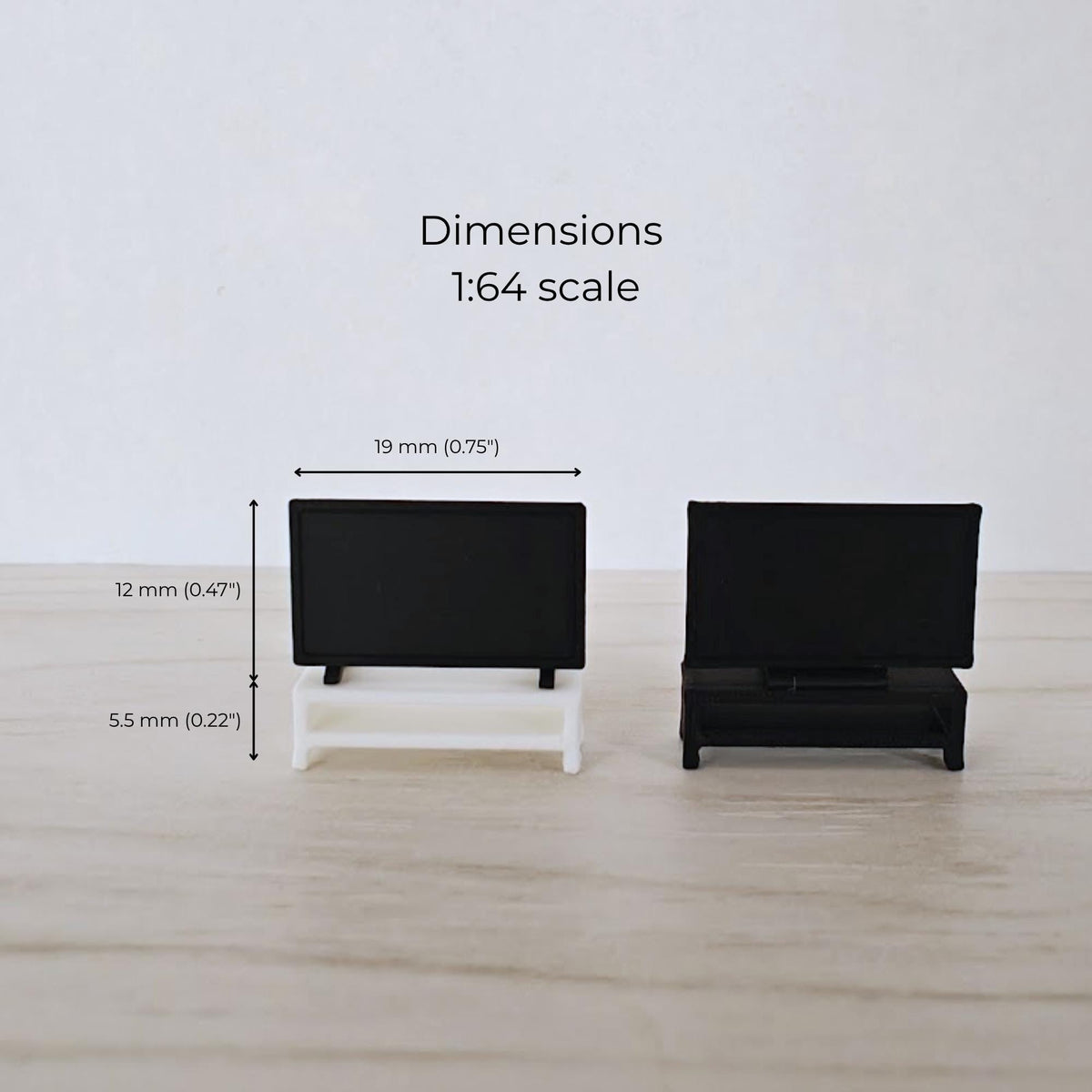 Dimensions of the 1:64 scale miniature TV and matching stand.
