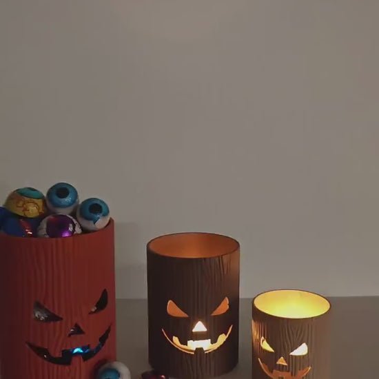 Tree Stump Halloween Holder, Jack O’ Lantern Trinket Storage, LED Tealight Lantern, Stackable Spooky 3D Printed Autumn Decor