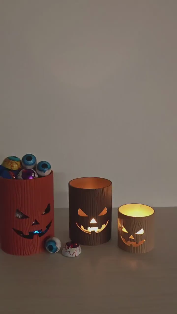 Tree Stump Halloween Holder, Jack O’ Lantern Trinket Storage, LED Tealight Lantern, Stackable Spooky 3D Printed Autumn Decor