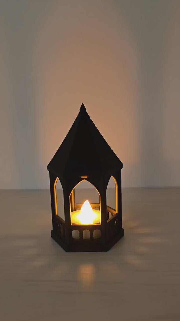 Gothic Gazebo LED Tealight Holder, Miniature Black Lantern, Dark Academia Decor, 3D Printed Home Decor