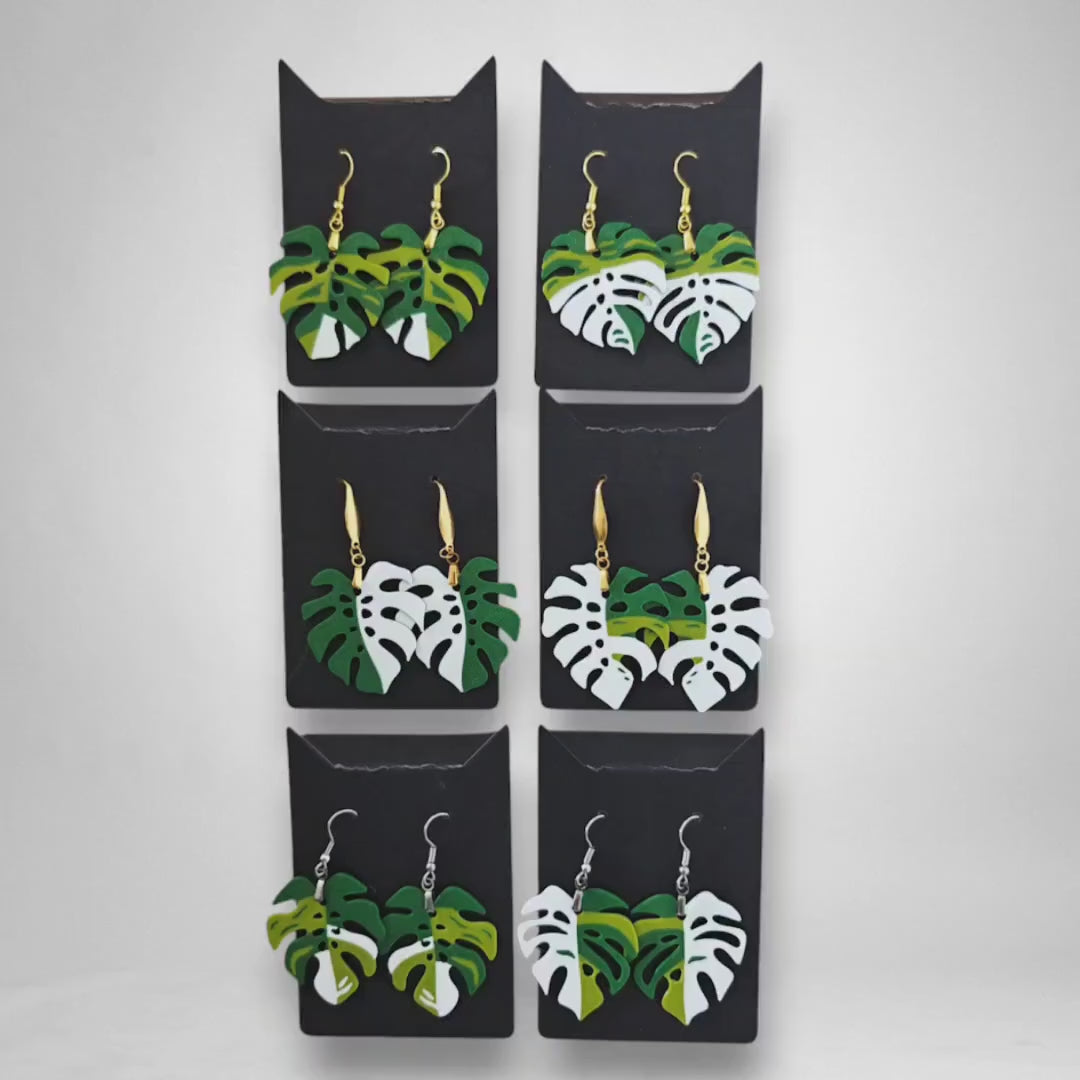 Monstera Earrings, Leaf shaped Jewelry Gift for Plant Lovers, Monstera Albo Var, 3d printed Plant Earrings