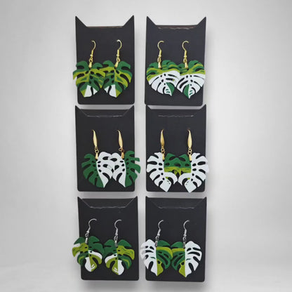 Monstera Earrings, Leaf shaped Jewelry Gift for Plant Lovers, Monstera Albo Var, 3d printed Plant Earrings